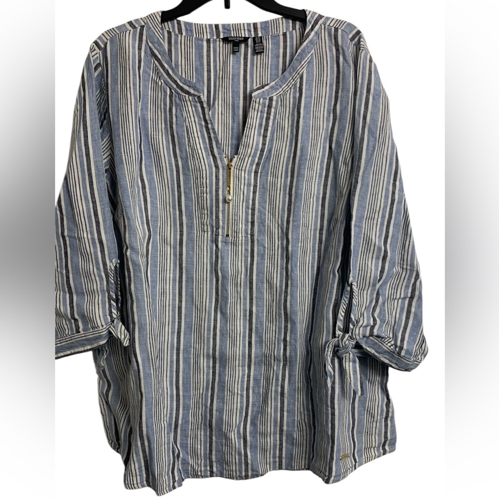 Ellen Tracy 2X Linen Stripe Coastal Grandma Blouse Lightweight